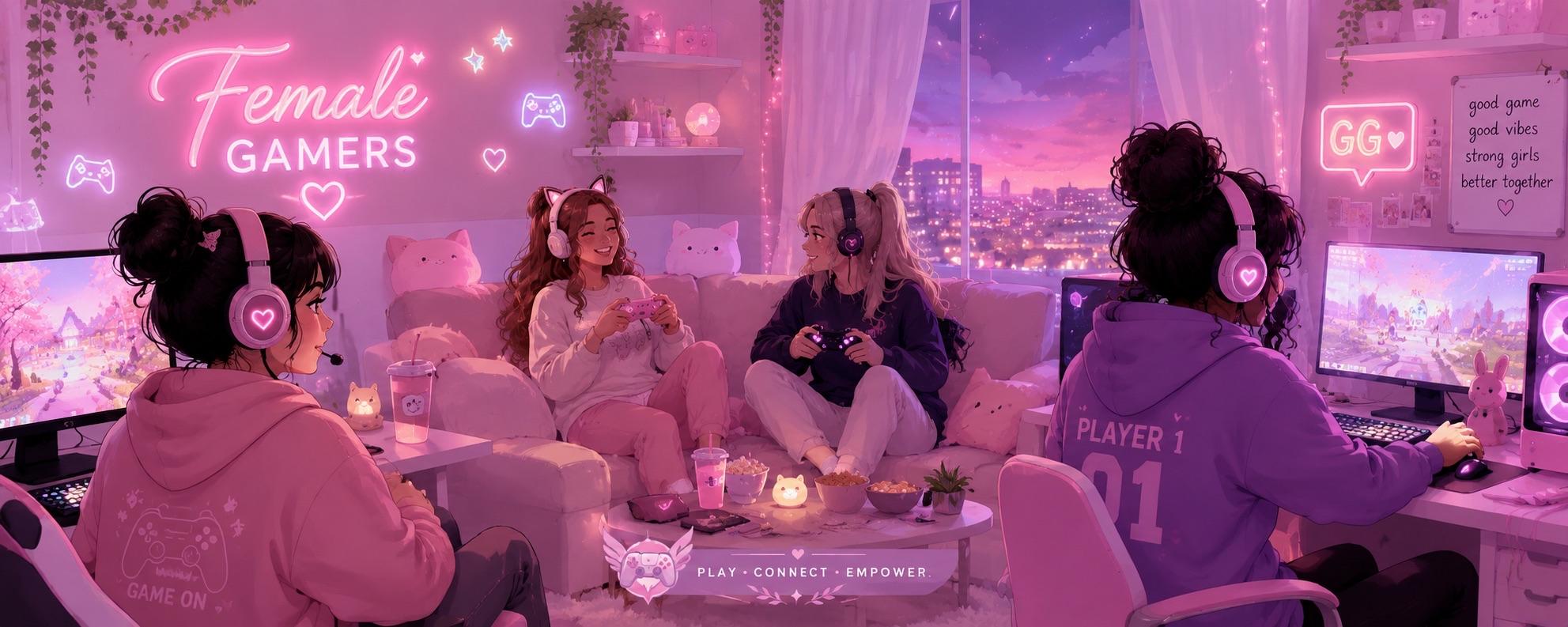 Discovery splash banner for 𝐅𝐞𝐦𝐚𝐥𝐞 𝐆𝐚𝐦𝐞𝐫𝐬 Discord server